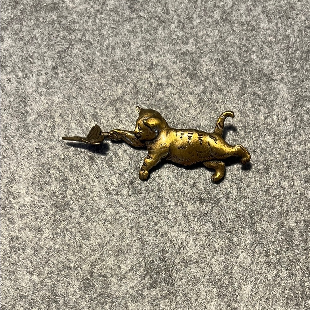 Vintage Gold Cat and Butterfly Brooch